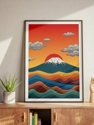 Mount Fuji Sunset Art Print, Japanese Landscape Wall Decor, Scenic Nature Illustration