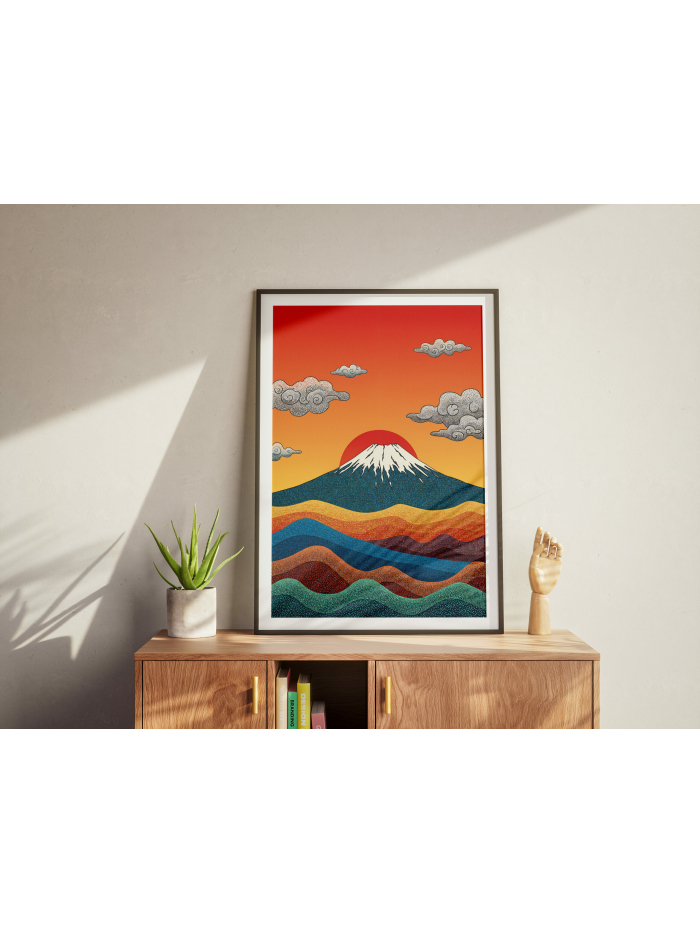 Mount Fuji Sunset Art Print, Japanese Landscape Wall Decor, Scenic Nature Illustration