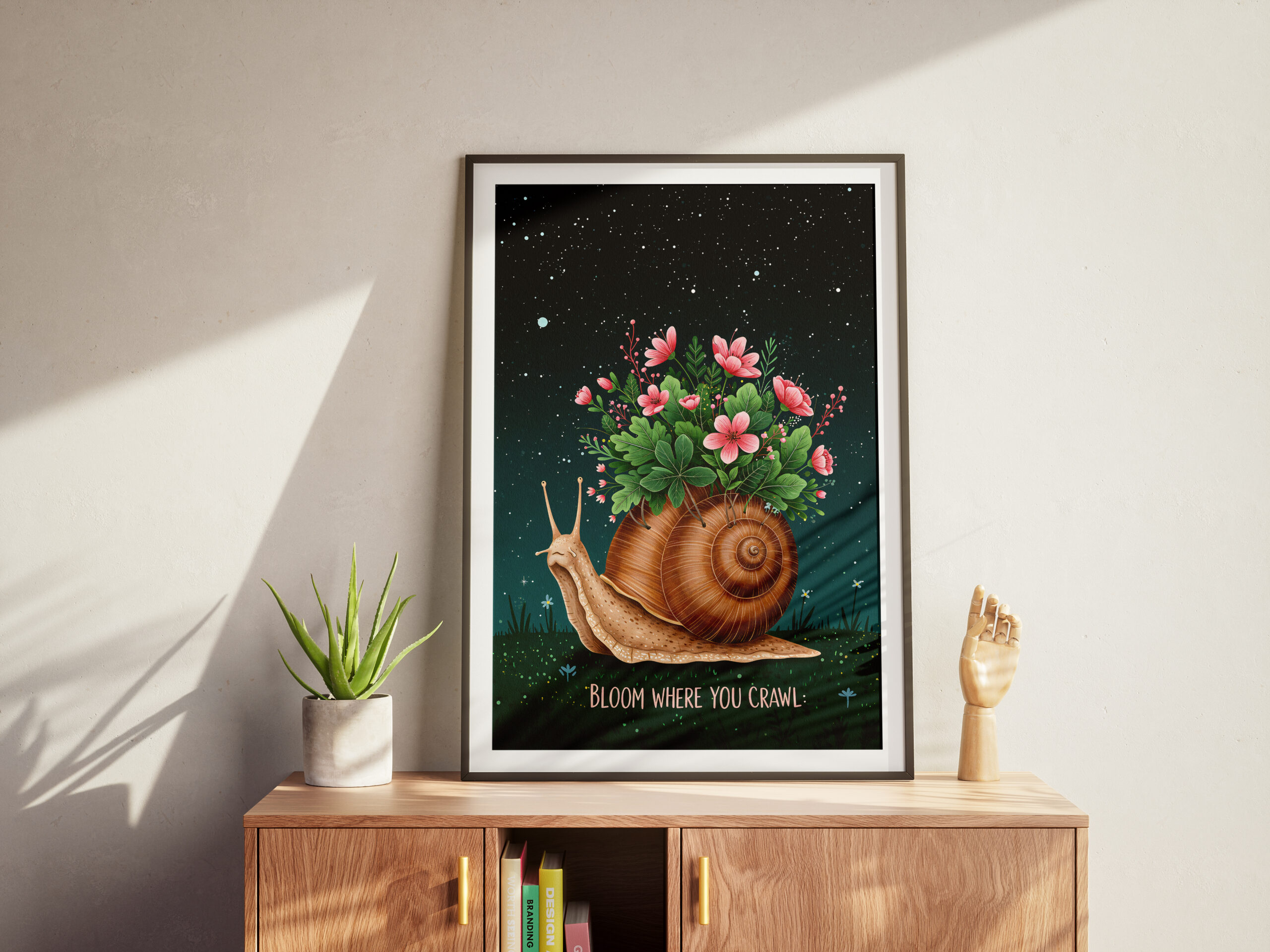 Whimsical Snail Wall Art | "Bloom Where You Crawl" Printable | Floral Night Sky Decor | Motivational Animal Poster - Image 7