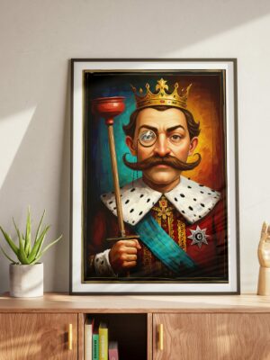 Funny King Wall Art With Plunger | Royal Portrait Bathroom Decor | Pop Culture Nobleman Print | Humorous Vintage Style
