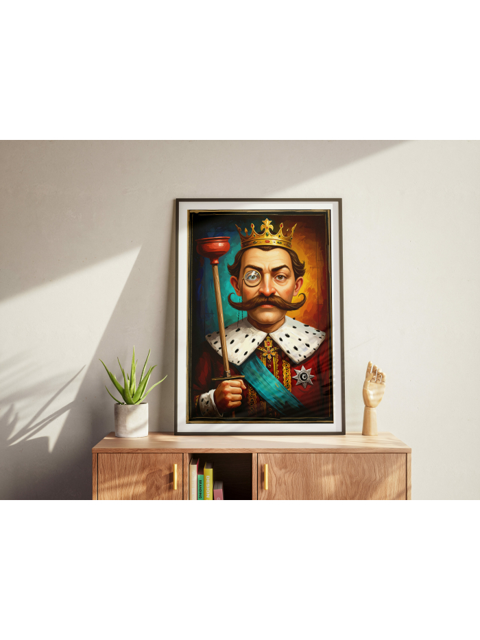 Funny King Wall Art With Plunger | Royal Portrait Bathroom Decor | Pop Culture Nobleman Print | Humorous Vintage Style