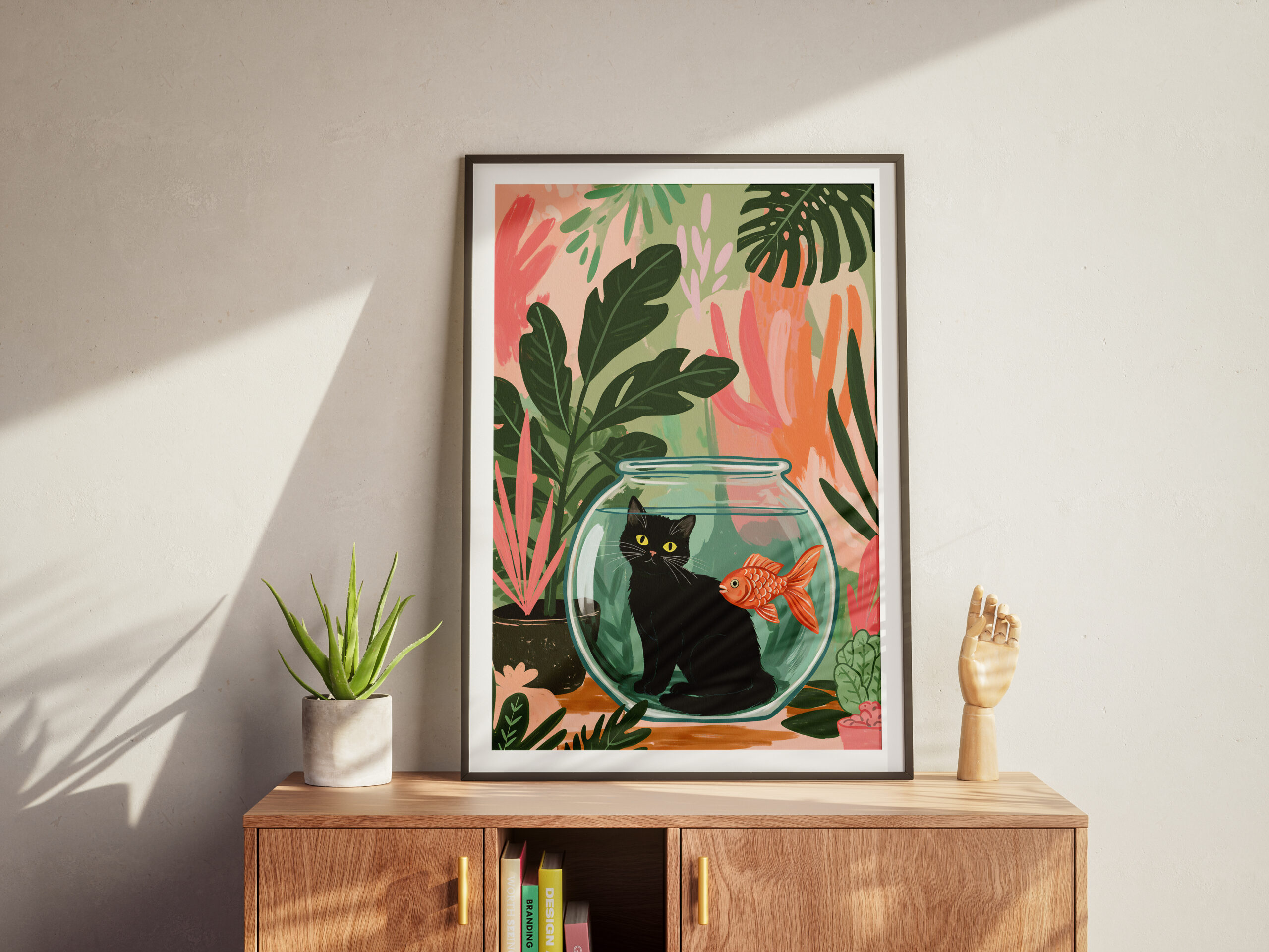 Black Cat Goldfish Bowl Art, Whimsical Jungle Wall Print, Cute Animal Illustration, Playful Home Decor - Image 8