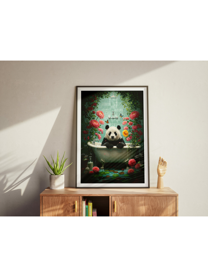 Whimsical Panda in Bathtub Art Print, Surreal Animal Wall Decor, Cute Funny Illustration, Playful Home