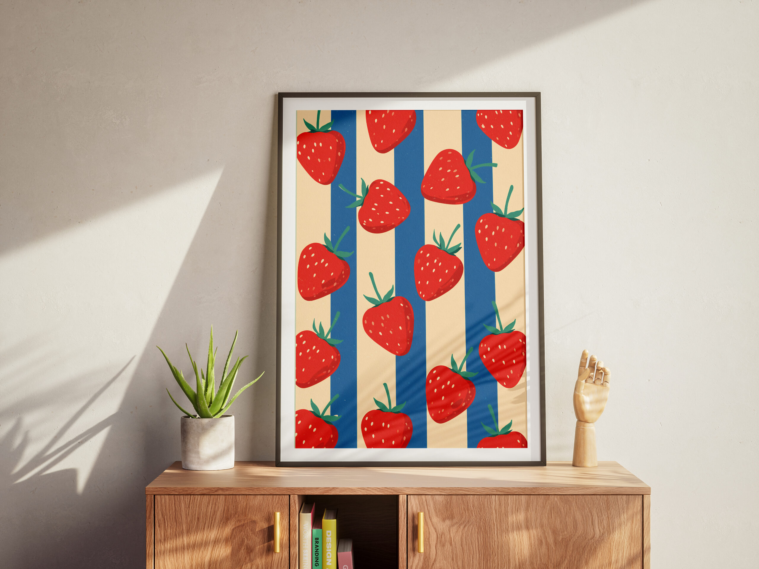 Strawberry Pattern Print: Red Berries on Blue Cream Stripes - Image 7