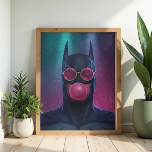 Neon Hero Bubblegum Wall Art – Pop Surreal Superhero Illustration Print