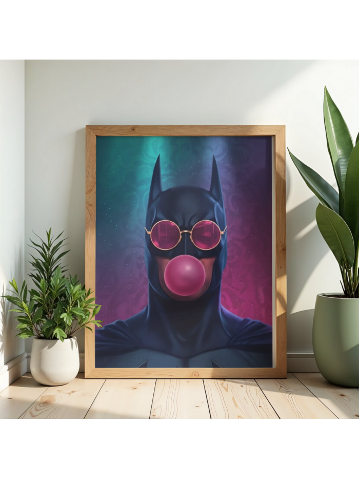 Neon Hero Bubblegum Wall Art – Pop Surreal Superhero Illustration Print