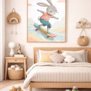 Skateboarding Bunny Wall Art Print – Cute Rabbit Illustration for Kids Room, Nursery & Modern Home Decor