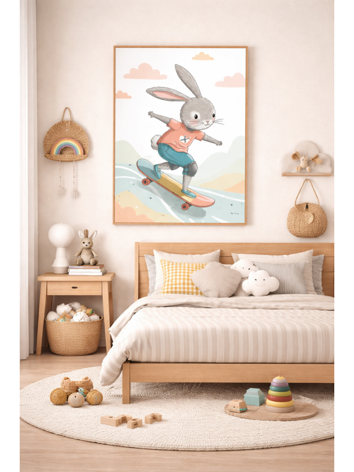Skateboarding Bunny Wall Art Print – Cute Rabbit Illustration for Kids Room, Nursery & Modern Home Decor