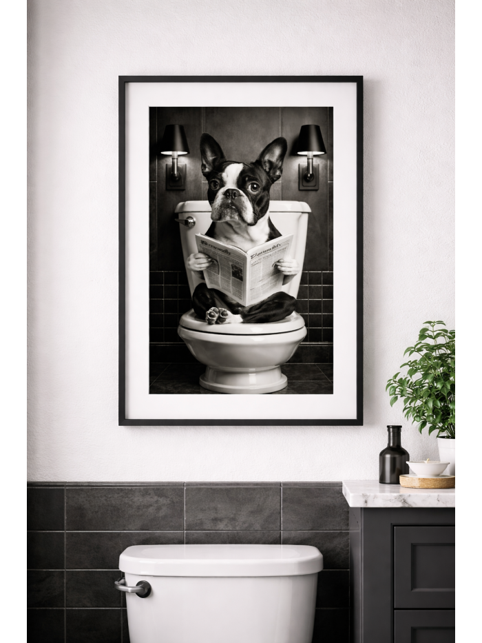 Funny Dog Bathroom Wall Art Print, Black and White Bulldog Toilet Illustration, Humorous Bathroom Decor Poster, Modern Monochrome Wall Art