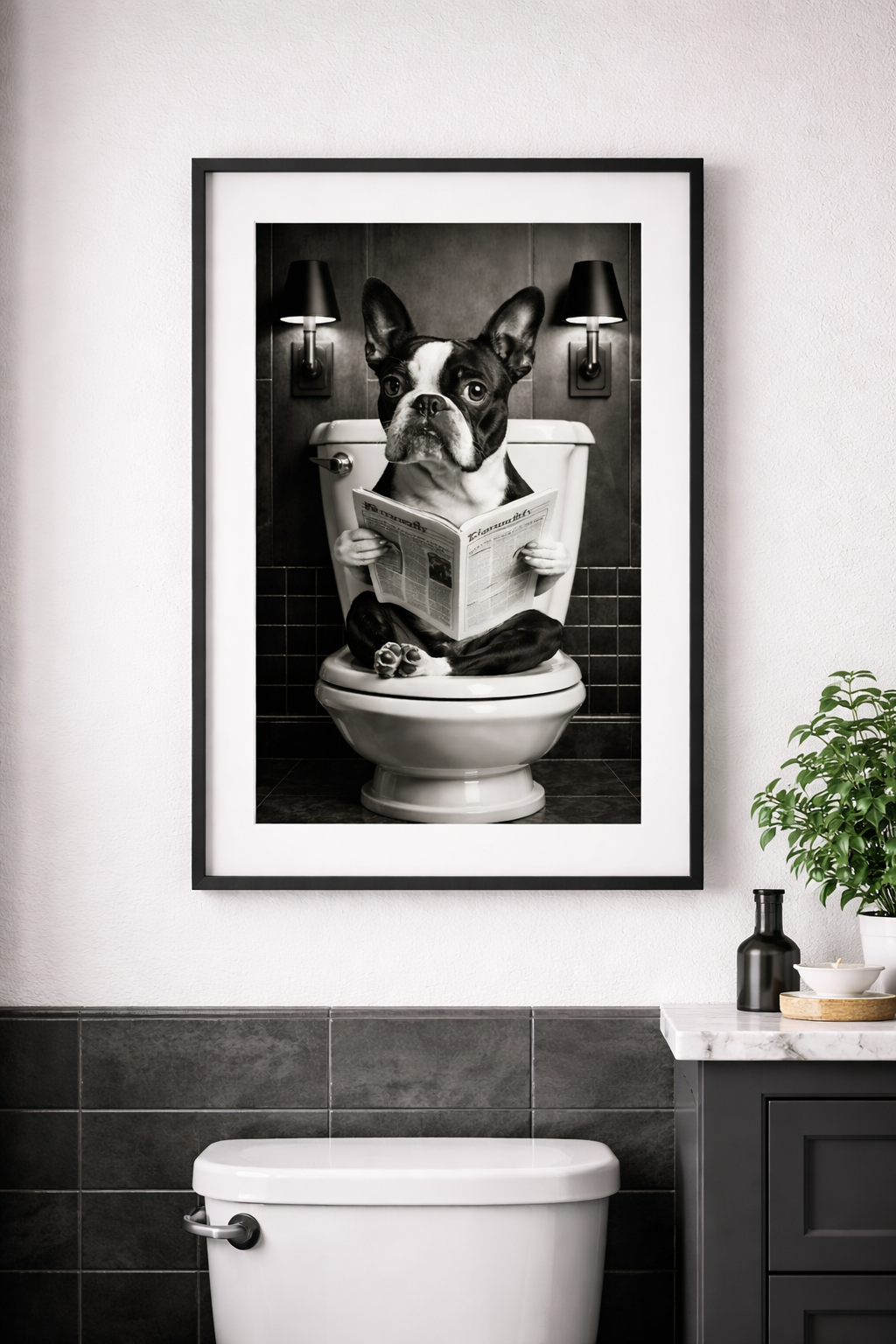Funny Dog Bathroom Wall Art Print, Black and White Bulldog Toilet Illustration, Humorous Bathroom Decor Poster, Modern Monochrome Wall Art