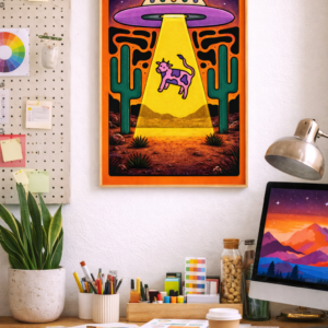 Alien Cow Abduction Wall Art Print – Surreal UFO Desert Illustration