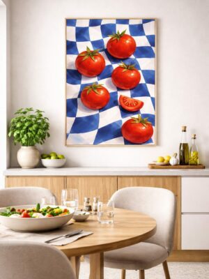 Tomato Wall Art Print – Modern Mediterranean Food Illustration with Blue Check Pattern