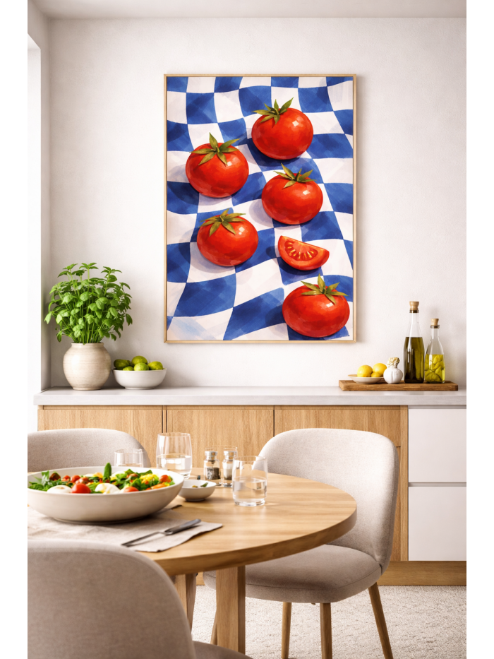 Tomato Wall Art Print – Modern Mediterranean Food Illustration with Blue Check Pattern