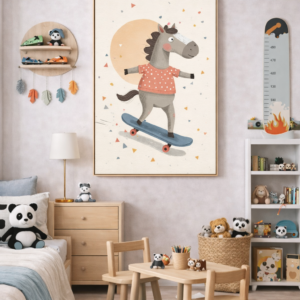Skateboarding Horse Wall Art Print, Cute Animal Nursery Decor, Kids Room Playroom Illustration, Whimsical Animal Art