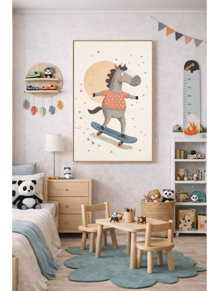 Skateboarding Horse Wall Art Print, Cute Animal Nursery Decor, Kids Room Playroom Illustration, Whimsical Animal Art