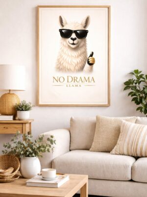 No Drama Llama Wall Art Print, Cool Llama Poster with Sunglasses, Funny Motivational Animal Decor
