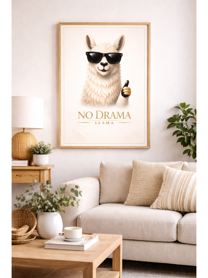 No Drama Llama Wall Art Print, Cool Llama Poster with Sunglasses, Funny Motivational Animal Decor