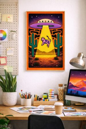 Alien Cow Abduction Wall Art Print – Surreal UFO Desert Illustration