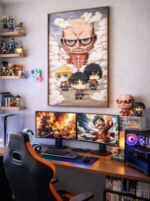 Attack on Titan Chibi Wall Art Print – Scout Regiment vs Colossal Titan | Anime Fantasy Artwork