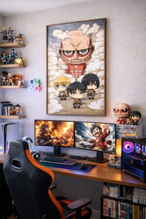 Attack on Titan Chibi Wall Art Print – Scout Regiment vs Colossal Titan | Anime Fantasy Artwork
