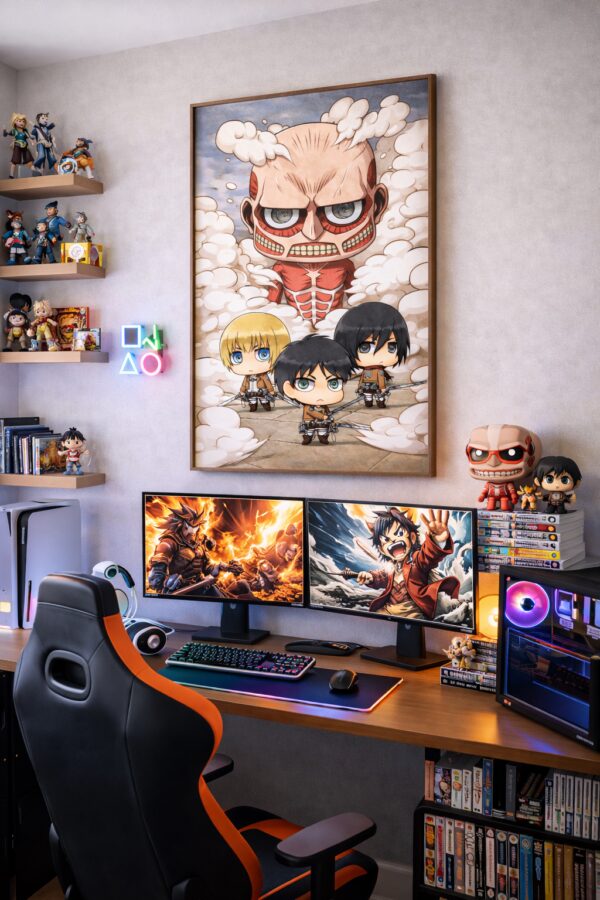 Attack on Titan Chibi Wall Art Print – Scout Regiment vs Colossal Titan | Anime Fantasy Artwork