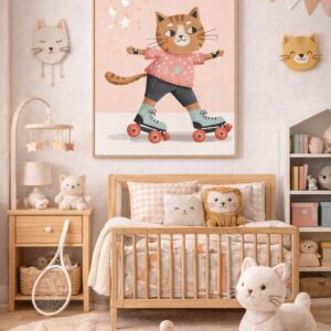 Roller Skating Cat Wall Art Print – Cute Animal Illustration for Kids Room, Nursery & Modern Home Decor