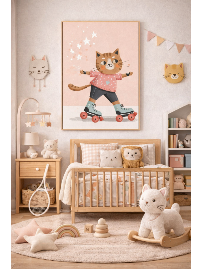 Roller Skating Cat Wall Art Print – Cute Animal Illustration for Kids Room, Nursery & Modern Home Decor