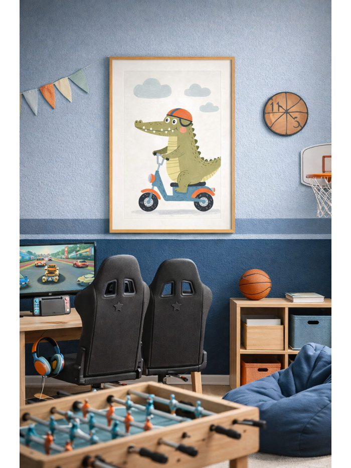 Whimsical Crocodile Scooter Wall Art Print – Cute Animal Illustration for Nursery, Kids Room & Playroom Decor