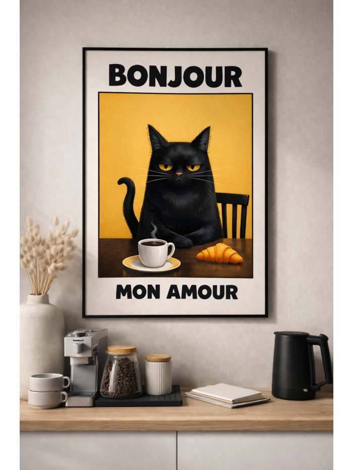 Bonjour Mon Amour Wall Art – French Café Cat Illustration Print