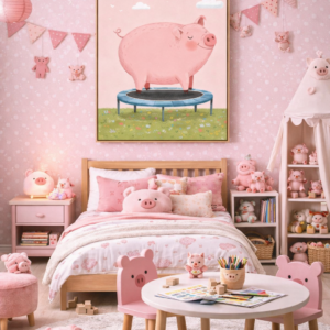 Whimsical Pig Wall Art Print – Cute Animal Illustration for Nursery, Kids Room & Playroom Decor
