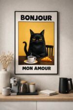 Bonjour Mon Amour Wall Art – French Café Cat Illustration Print