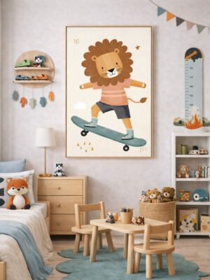 Skateboarding Lion Wall Art Print, Cute Animal Nursery Decor, Kids Room Playroom Illustration, Woodland Animal Art