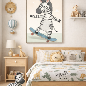 Skateboarding Zebra Wall Art Print – Cute Safari Animal Illustration for Kids Room, Nursery & Modern Home Decor