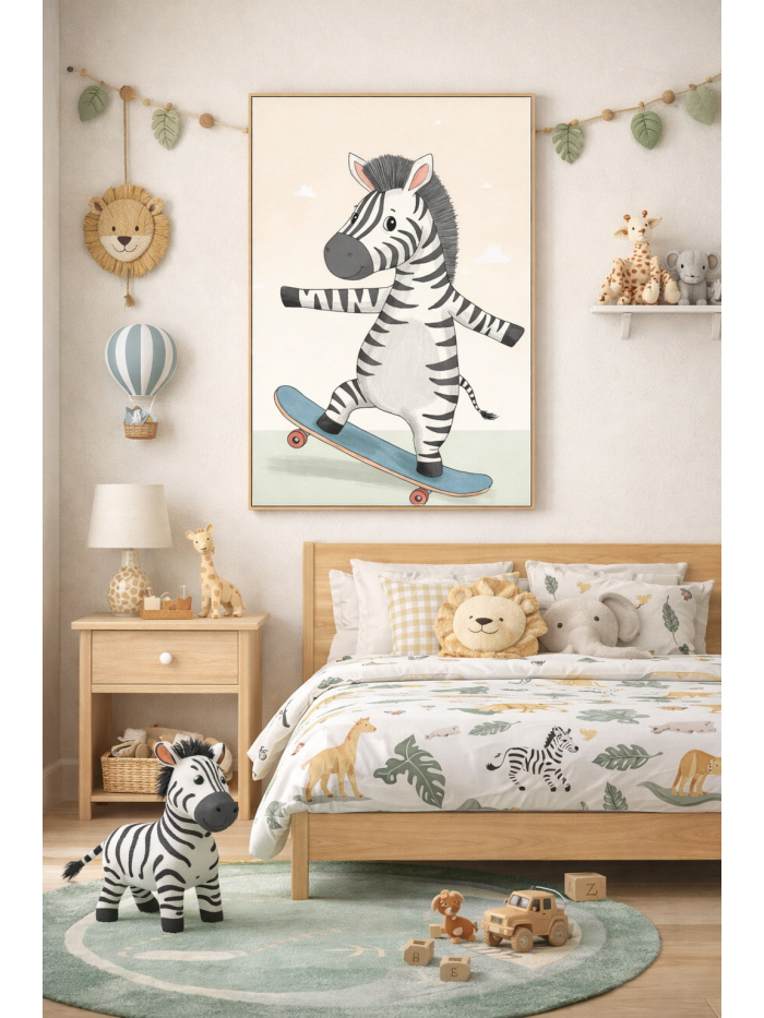 Skateboarding Zebra Wall Art Print – Cute Safari Animal Illustration for Kids Room, Nursery & Modern Home Decor