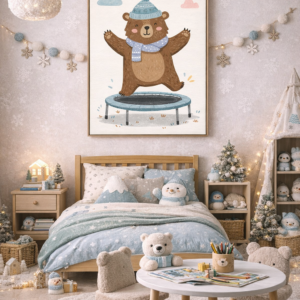 Whimsical Bear Wall Art Print – Cute Animal Illustration for Nursery, Kids Room & Playroom Decor