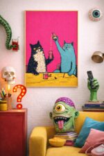 Cats Drinking Together Wall Art Print – Playful Retro Illustration with Bold Color