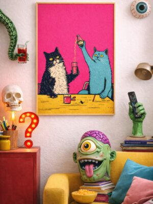 Cats Drinking Together Wall Art Print – Playful Retro Illustration with Bold Color