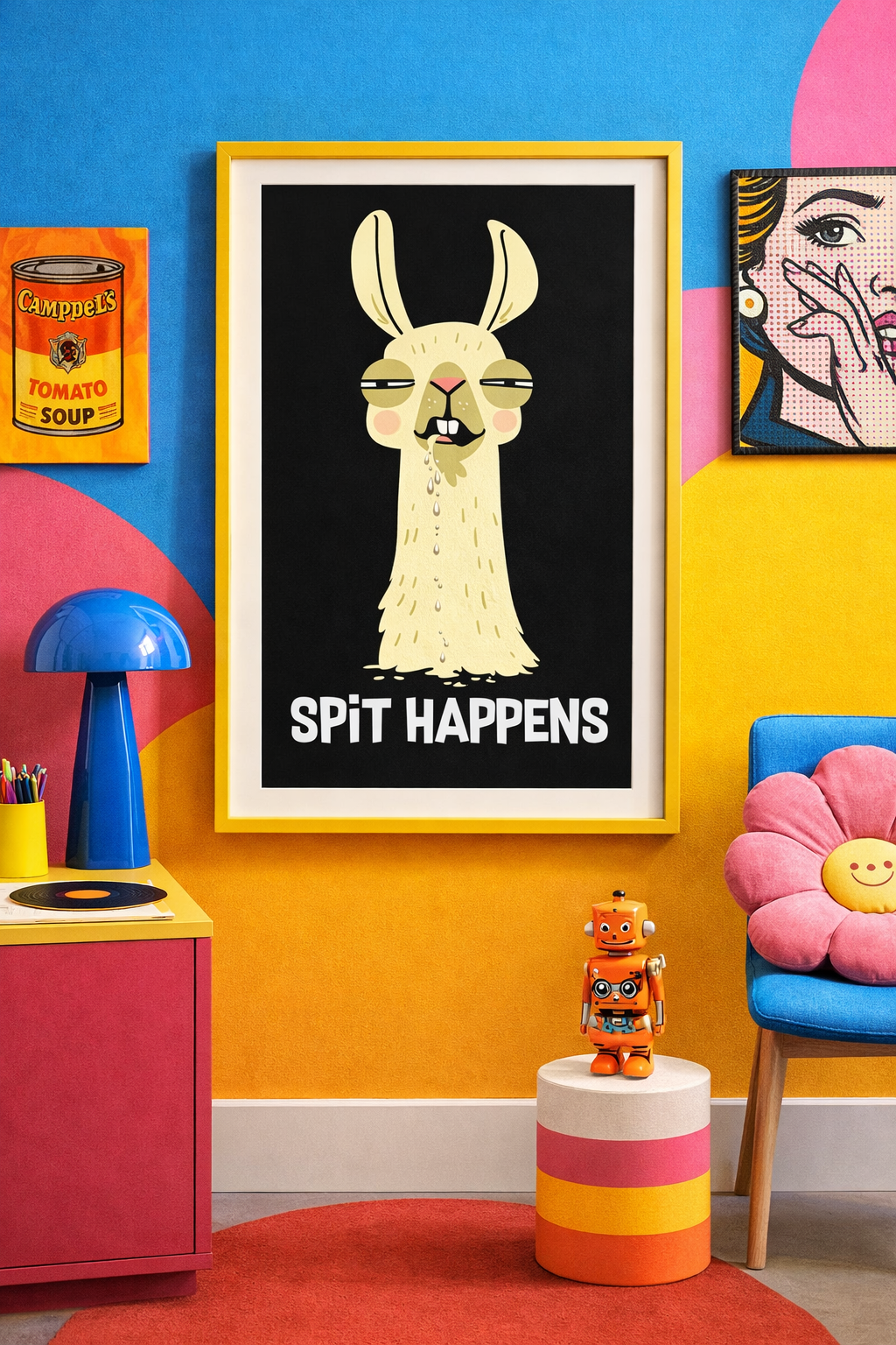 Funny Llama Wall Art Print “Spit Happens”, Sarcastic Animal Poster, Bold Black Humor Wall Decor