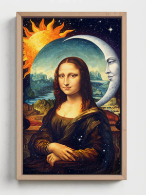 Celestial Mona Lisa Wall Art Print, Sun and Moon Cosmic Poster, Surreal Renaissance Artwork, Galaxy Aesthetic Wall Decor, Modern Statement Art