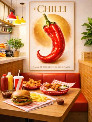 Chilli Wall Art Print – Bold Surreal Food Illustration with Luxe Golden Glow