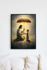Christian Wall Art Jesus Sheltering Child Under Floral Umbrella | Faith & Protection Printable Decor for Kids Room Comfort