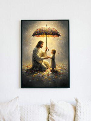 Christian Wall Art Jesus Sheltering Child Under Floral Umbrella | Faith & Protection Printable Decor for Kids Room Comfort
