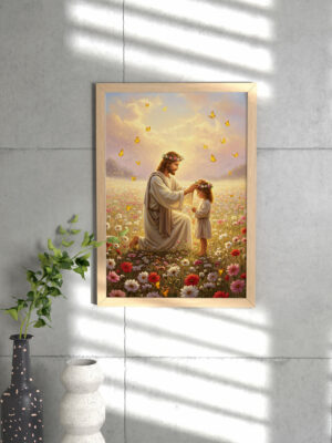 Christian Wall Art Jesus with Child in Flower Field | Inspirational Kids Print | Religious Poster for Faith & Grace Decor