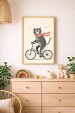Cute Cat on Bicycle Wall Art Print, Whimsical Animal Illustration, Playful Nursery Wall Decor, Scandinavian Kids Art, Minimal Modern Cat Artwork