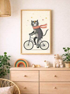 Cute Cat on Bicycle Wall Art Print, Whimsical Animal Illustration, Playful Nursery Wall Decor, Scandinavian Kids Art, Minimal Modern Cat Artwork