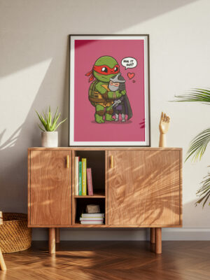 Cute Ninja Turtle Hug Wall Art Print | Wholesome Pop Culture Illustration | Cozy Cartoon Love Artwork | Feel-Good Statement Wall Decor