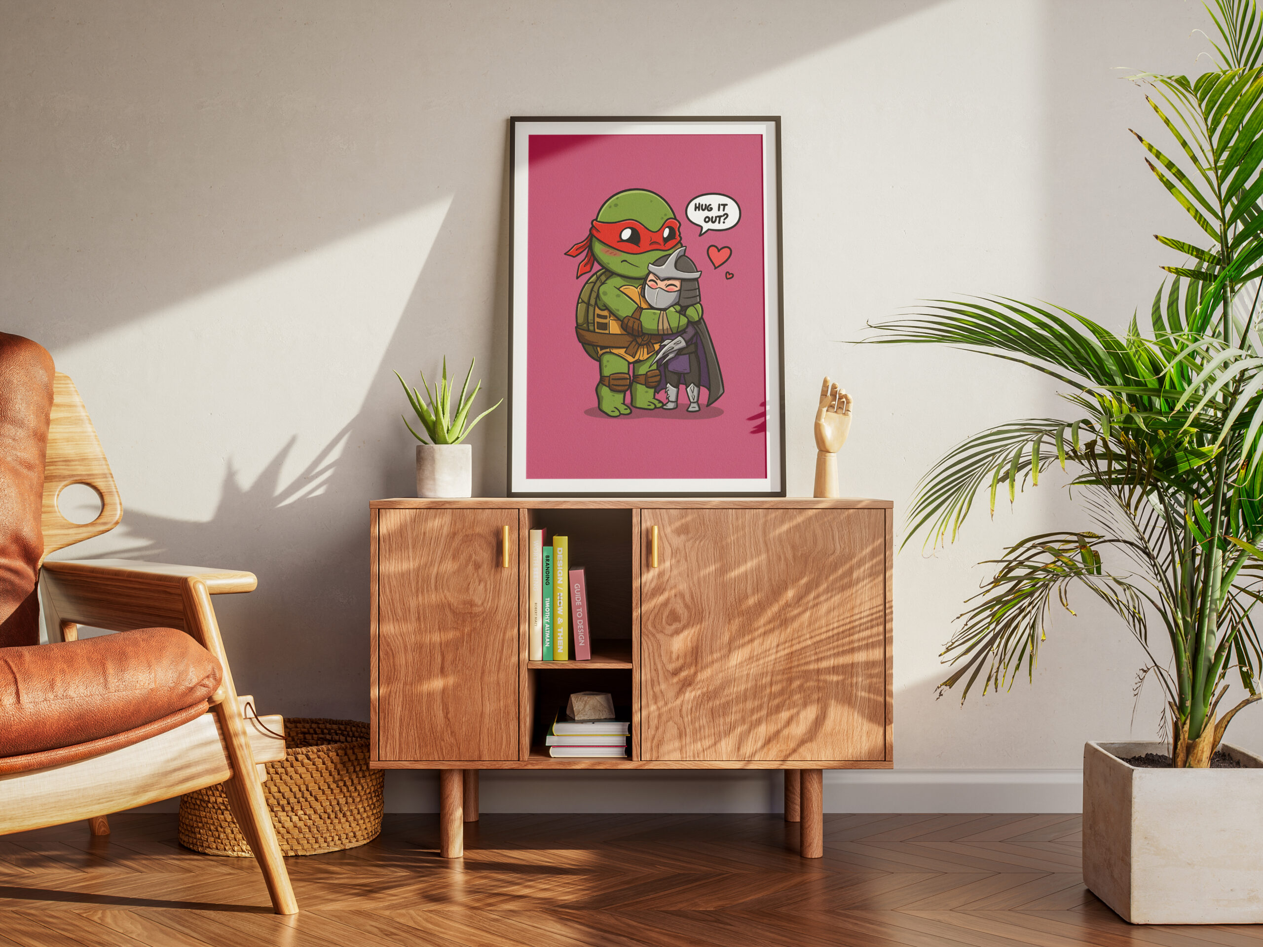 Cute Ninja Turtle Hug Wall Art Print | Wholesome Pop Culture Illustration | Cozy Cartoon Love Artwork | Feel-Good Statement Wall Decor