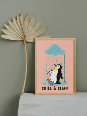 Cute Penguin Wall Art Print | Chill & Clean Illustration | Cozy Cartoon Bathroom Art | Feel-Good Minimal Wall Decor