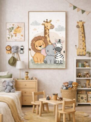 Cute Safari Animals Wall Art Print – Jungle Friends Illustration for Nursery, Kids Room & Baby Decor