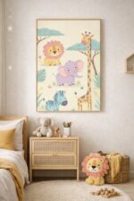 Cute Safari Animals Wall Art Print – Lion Elephant Giraffe Zebra Illustration for Kids Room, Nursery & Modern Home Decor